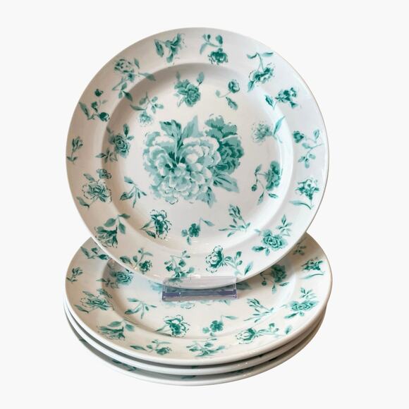 Martha Stewart Floral Salad Plates 8.5in Porcelain Set of 4 Teal White NEW - Picture 1 of 15